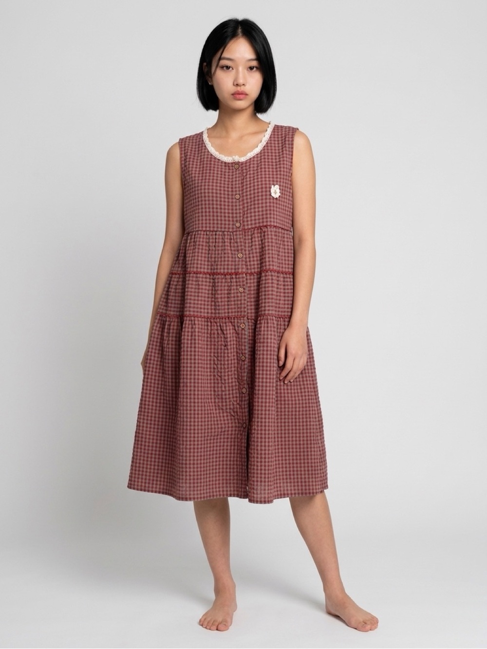 Partysu Korean Fashion Seersucker Sleeveless Tiered Gingham Midi Dress